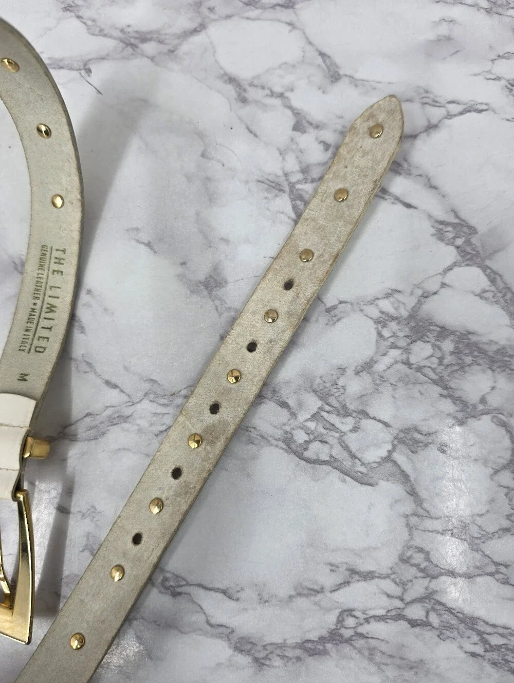 Vintage White Italian Leather Belt with Gold Tone Lion Head Medallion Studs